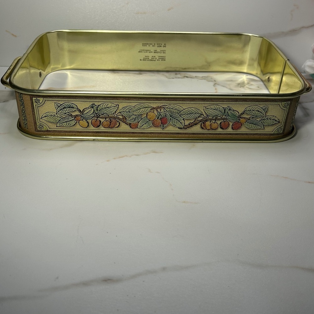 Vintage Pyrex 232-N Metal Serving Cradle Gold Tone Fruit Pattern Caddy Holder